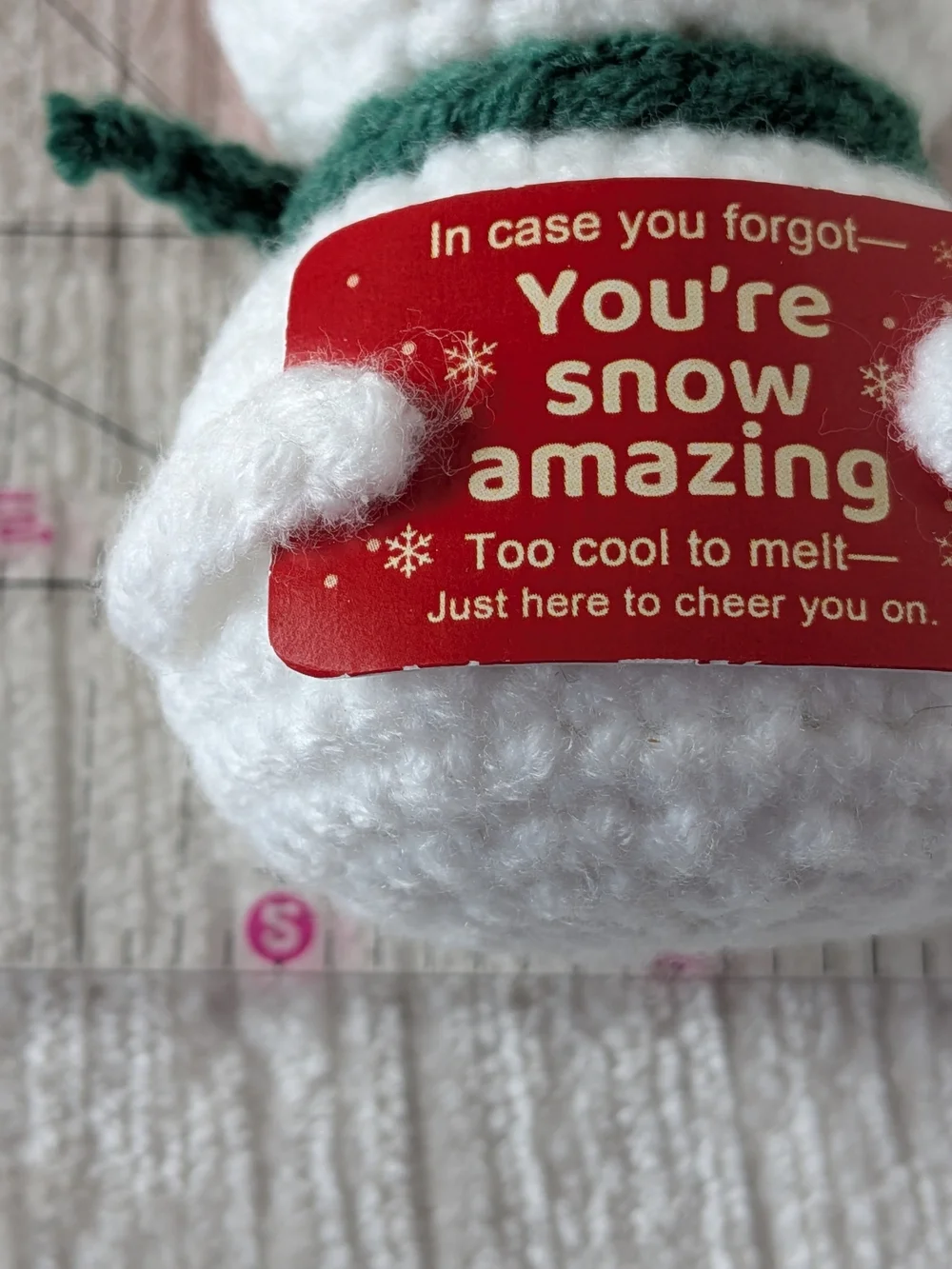 Crochet Snowman Plush with sign. removable Red Hat & Green Scarf